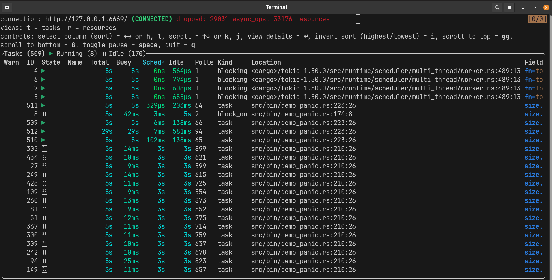 tokio-console showing 3 blockers