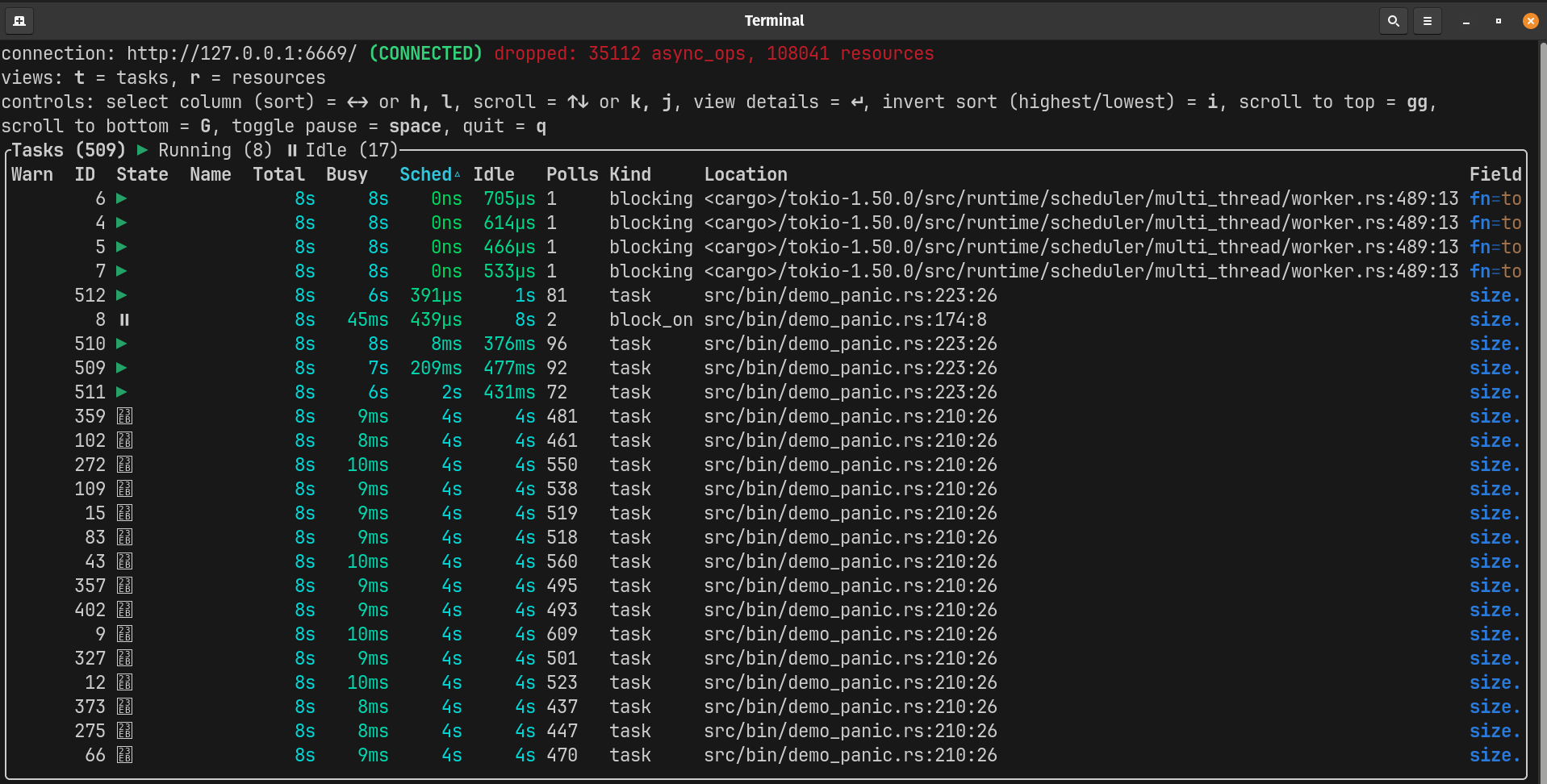 tokio-console showing 4 blockers